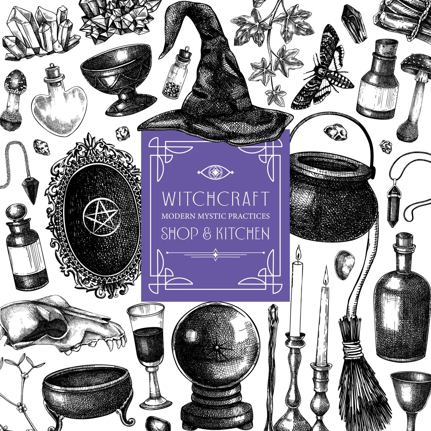 Witch party invitation design. Bohemian witchcraft background. Vinatge Halloween sketches. Hand-drawn vector illustration. NOT AI generated Illustration